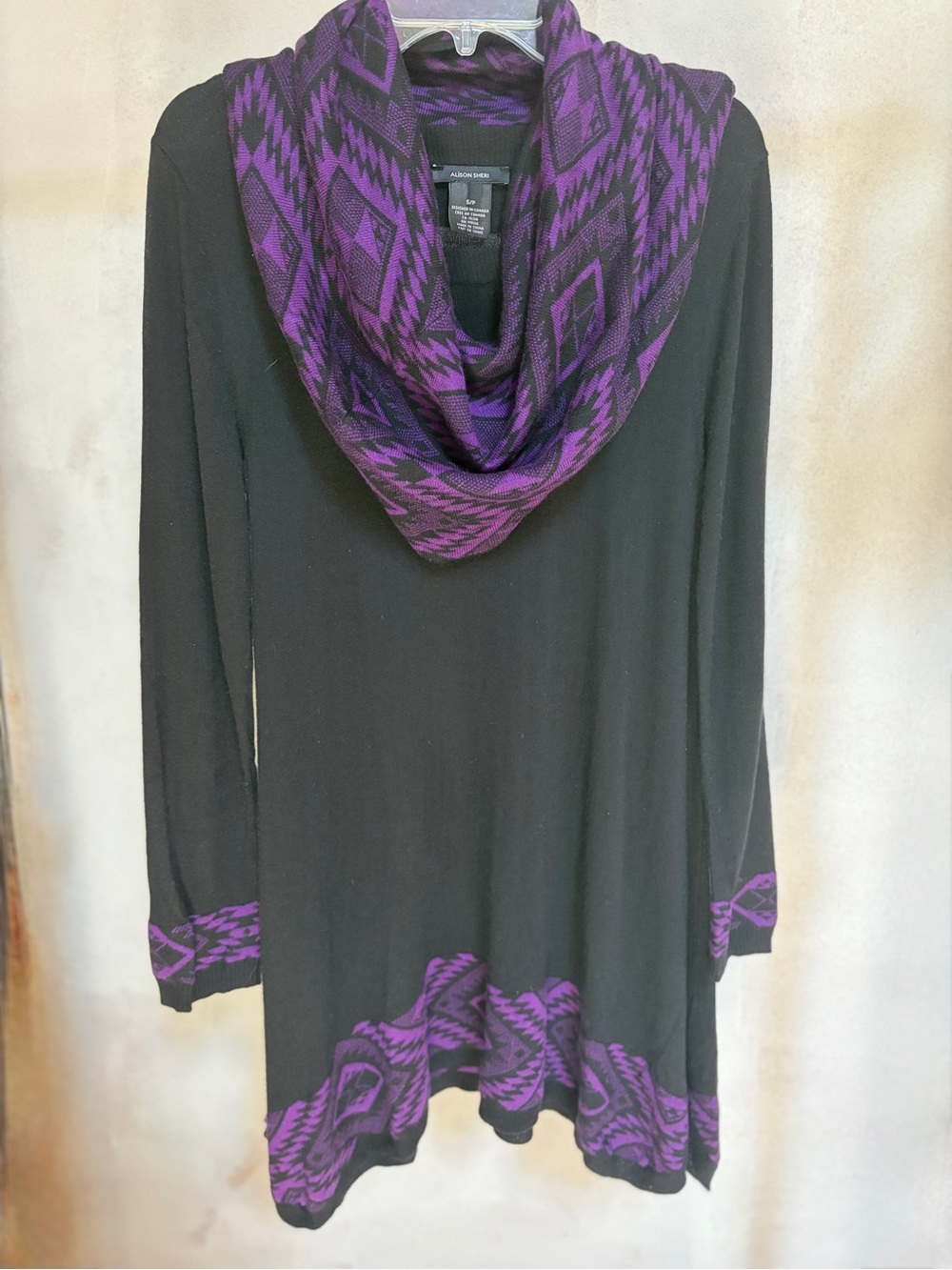 Alison Sheri Women’s Small Black Purple Aztec Tunic Sweater Cowl Neck